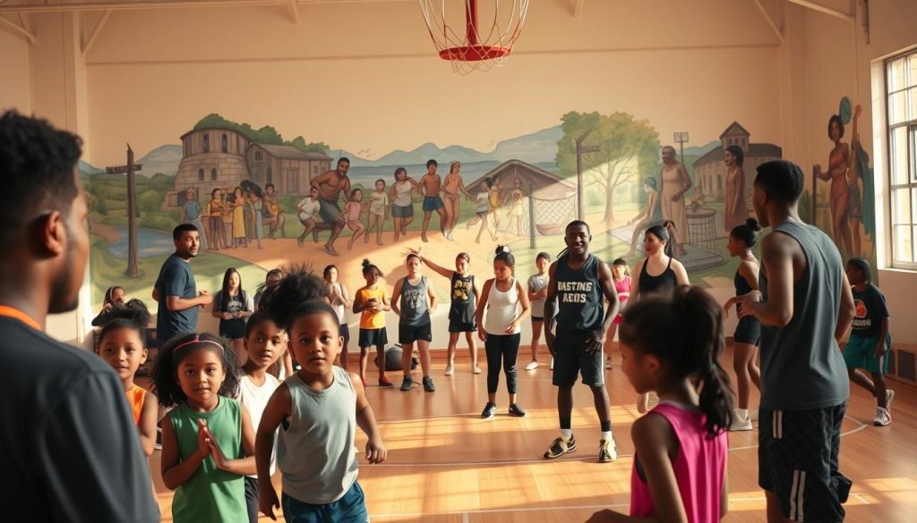 A vibrant community center, bathed in warm natural light, where a diverse group of young athletes engage in various sports programs. In the foreground, a group of children practice basketball drills under the watchful eye of a former professional player, their faces alight with determination. In the middle ground, a group of teenagers participate in a fitness class led by a local fitness influencer, their movements fluid and energetic. In the background, a mural depicting scenes of community togetherness and athletic achievement adorns the walls, casting an inspiring atmosphere over the entire space. The overall mood is one of empowerment, inclusivity, and the transformative power of sports-driven community initiatives.