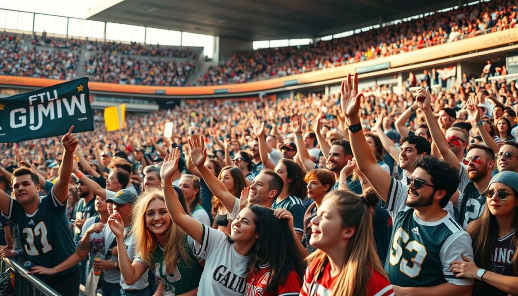A vibrant crowd of sports fans engages with the action on the field, their faces alight with excitement. In the foreground, a diverse group of spectators wave banners, cheer, and high-five, their energy palpable. The middle ground reveals a sea of jerseys, face paint, and team colors, creating a tapestry of passionate support. In the background, the stadium's architecture frames the scene, lending a sense of scale and grandeur to the lively proceedings. Warm, natural lighting illuminates the fervent atmosphere, capturing the essence of sports fandom in all its glory.