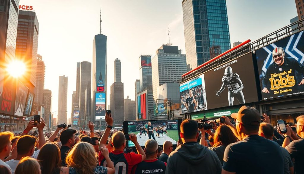 A vibrant scene of sports and music news unfolding against a backdrop of a bustling urban landscape. In the foreground, a group of fans enthusiastically gather around a large digital display, engrossed in the latest updates and highlights. In the middle ground, reporters and camera crews capture the energy and excitement, their lenses focused on the unfolding action. In the background, skyscrapers and neon-lit billboards create a dynamic, cityscape setting, conveying a sense of the broader impact and reach of the intersection between sports and music. The lighting is a warm, golden hue, casting a celebratory atmosphere over the entire scene. The overall composition evokes a sense of community, collaboration, and the shared experiences that captivate fans and local communities.