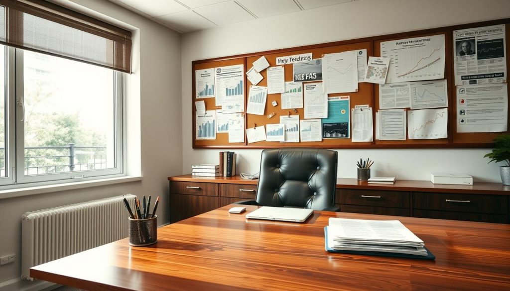 An editorial office setting with a polished wooden desk, a large window providing natural light, and a sophisticated leather chair. On the desk, a laptop, a stack of documents, and a pen holder with a variety of writing instruments. A bulletin board on the wall displays various graphs, charts, and news clippings, hinting at the analytical and strategic nature of the work. The room exudes an atmosphere of focused professionalism, with muted tones and a sense of thoughtful contemplation. A sense of editorial perspective and business strategy permeates the scene.