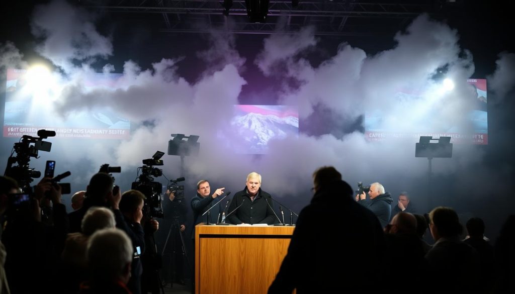 Greenland's political landscape shrouded in media frenzy, cameras capturing the drama. In the foreground, a podium stands before a crowd, microphones and reporters pressing for answers. Swirling clouds of uncertainty cast shadows across the scene, as headlines and news tickers flash on screens in the background, amplifying the public's attention. Bright lighting illuminates the tense atmosphere, casting dramatic shadows that hint at the underlying turmoil. The overall tone conveys a sense of high-stakes, high-pressure media coverage of a pivotal moment in Greenland's political history.