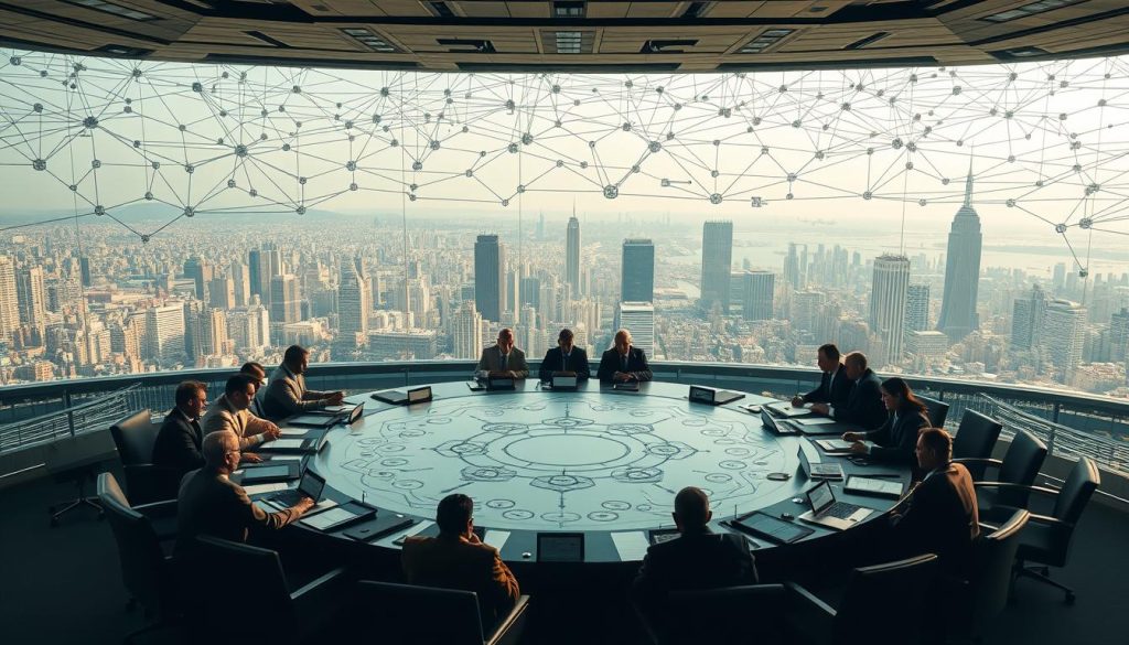 Prompt A sprawling network of intricate regulations and policies, cast in a warm, authoritative light. In the foreground, a grandiose conference table surrounded by representatives from global organizations, deep in discussion. In the middle ground, a series of interconnected diagrams and flow charts, highlighting the complex web of nuclear oversight frameworks. The background is a panoramic view of a bustling city skyline, symbolic of the international nature of nuclear governance. The lighting is a blend of soft, directional illumination, casting an air of seriousness and professionalism. The overall composition conveys a sense of global collaboration and meticulous attention to detail in the realm of nuclear regulatory frameworks.
