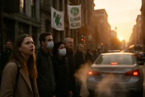 EPA emissions repeal discussion with smokestacks and traffic under a hazy sky