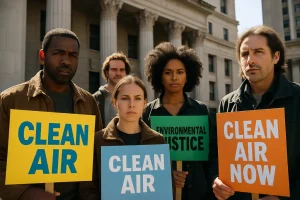 EPA Power Repeal documents beside a power plant emissions stack