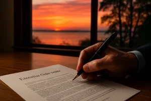 Executive Order 14428 documents beside a Chesapeake Bay shoreline