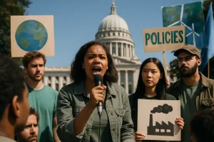 State climate policies meeting with charts, maps and energy infrastructure images